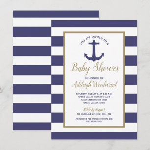 Nautical Anchor Navy Blue Stripes Boy Baby Shower Invitation