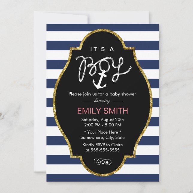 Nautical Anchor Navy Blue Stripes Boy Baby Shower Invitation (Front)