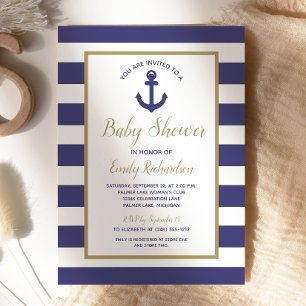 Nautical Anchor Navy Blue Stripes Boy Baby Shower Invitation