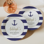 Nautical Anchor Navy Blue Stripes Boy Baby Shower Paper Plate<br><div class="desc">This boy's baby shower paper plate features a navy blue anchor in a faux gold-bordered circle on a background of navy blue and white stripes. Inside the circle, the name of the mum-to-be appears in faux gold cursive script typography. The words "Baby Shower" and the date appear below in grey...</div>