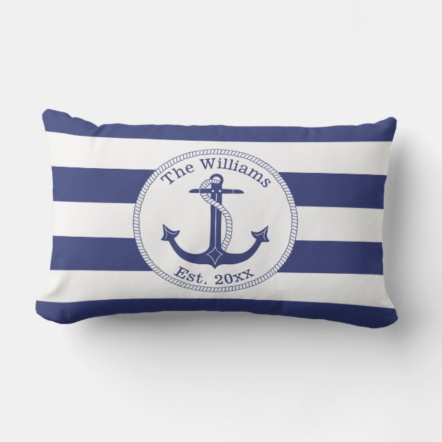 Nautical Anchor Navy Blue Stripes Family Monogram Lumbar Cushion (Front)