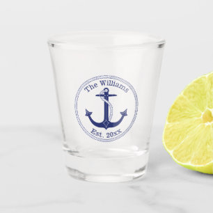 Nautical Anchor Navy Blue Stripes Family Monogram Shot Glass