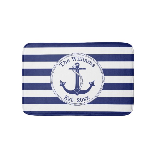 Nautical Anchor Navy Blue Stripes Family Name Bath Mat (Front)
