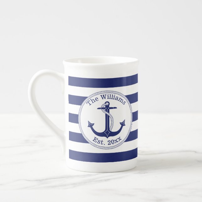 Nautical Anchor Navy Blue Stripes Family Name Bone China Mug (Left)