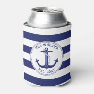 Nautical Anchor Navy Blue Stripes Family Name Can Cooler