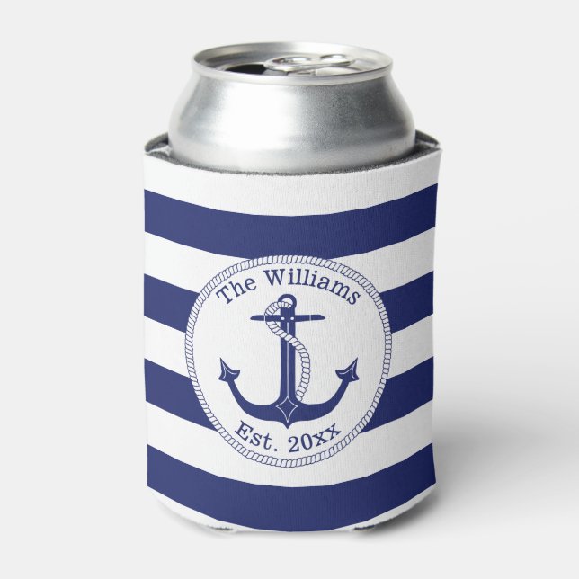 Nautical Anchor Navy Blue Stripes Family Name Can Cooler (Can Front)