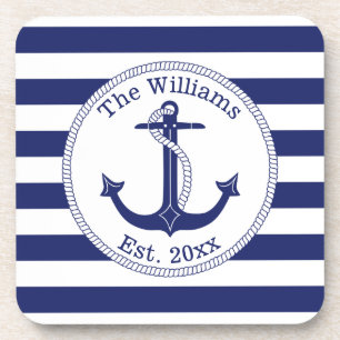 Nautical Anchor Navy Blue Stripes Family Name Coaster