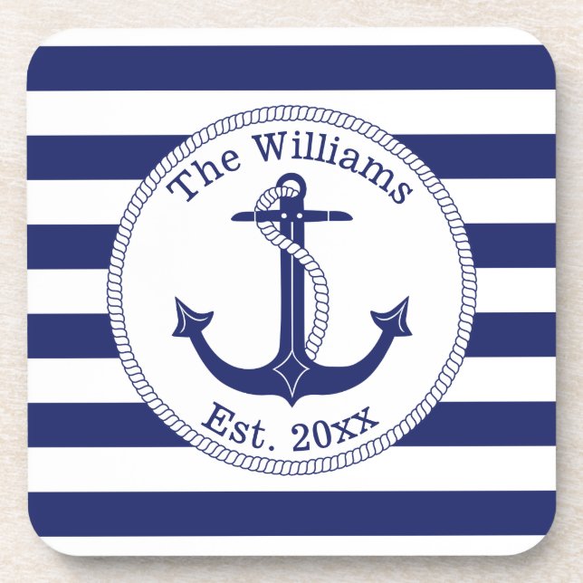 Nautical Anchor Navy Blue Stripes Family Name Coaster (Front)