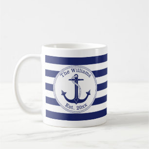 Nautical Anchor Navy Blue Stripes Family Name Coffee Mug