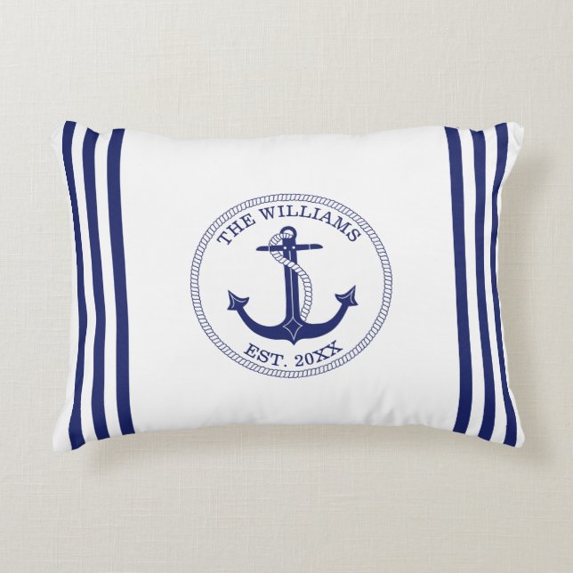 Nautical Anchor Navy Blue Stripes Family Name Decorative Cushion (Front)