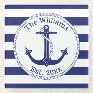 Nautical Anchor Navy Blue Stripes Family Name Glass Coaster
