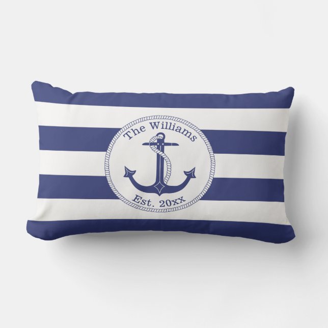 Nautical Anchor Navy Blue Stripes Family Name Lumbar Cushion (Front)