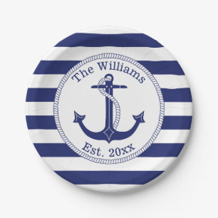 Nautical Anchor Navy Blue Stripes Family Name Paper Plate