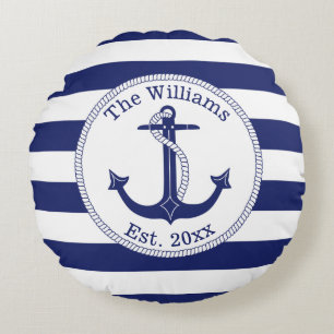 Nautical Anchor Navy Blue Stripes Family Name Round Cushion