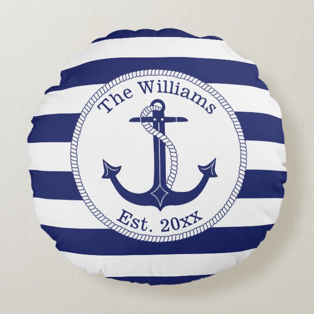 Nautical Anchor Navy Blue Stripes Family Name Round Cushion (Front)
