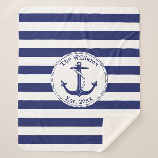 Nautical Anchor Navy Blue Stripes Family Name Sherpa Blanket (Front)