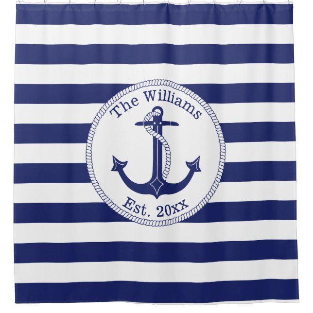 Nautical Anchor Navy Blue Stripes Family Name Shower Curtain (Front)