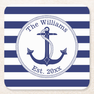 Nautical Anchor Navy Blue Stripes Family Name Square Paper Coaster