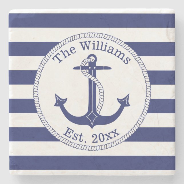Nautical Anchor Navy Blue Stripes Family Name Stone Coaster (Front)