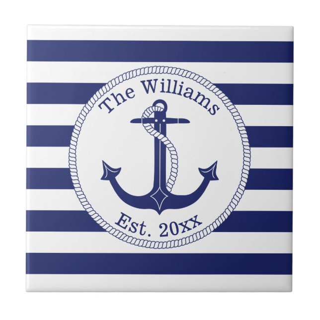 Nautical Anchor Navy Blue Stripes Family Name Tile (Front)