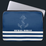 Nautical Anchor, Navy Blue Stripes Sailor  Laptop Sleeve<br><div class="desc">This image features an anchor on a navy blue striped background. Personalise the name for yourself or as a cute gift idea.</div>