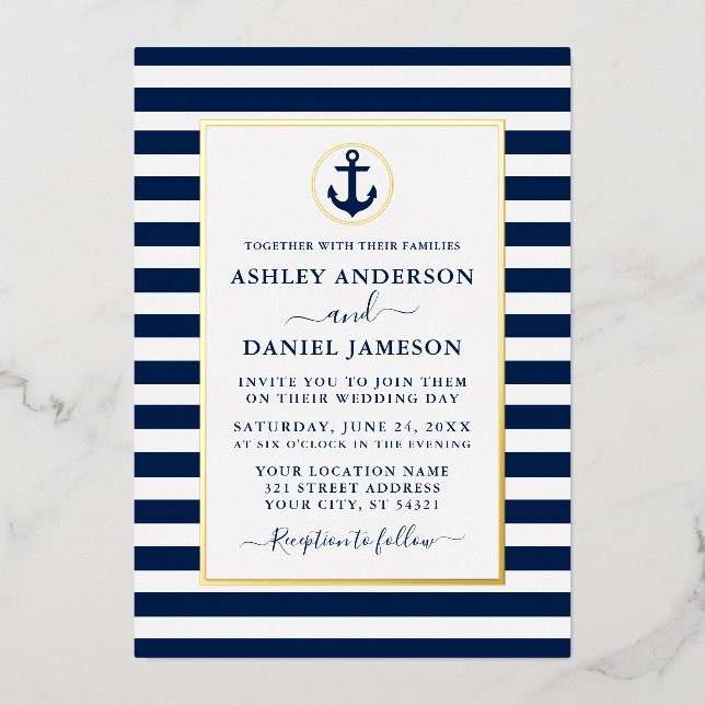 Nautical Anchor Navy Blue Stripes Wedding Gold (Front)