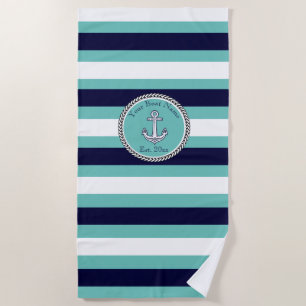 Nautical Anchor Navy Blue Teal White  stripes  Beach Towel
