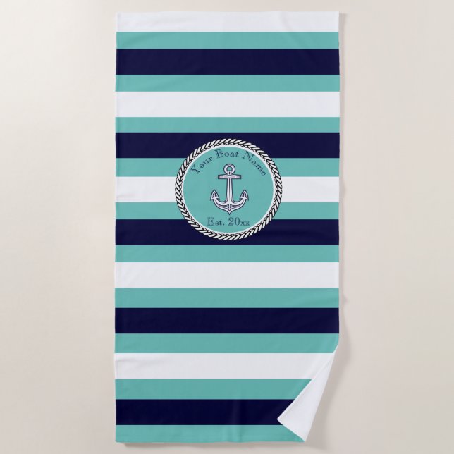 Nautical Anchor Navy Blue Teal White  stripes  Beach Towel (Front)