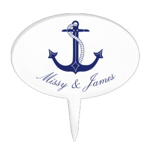 Nautical Anchor Navy Blue Typography Wedding Cake Pick