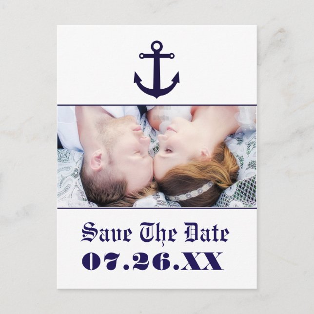 Nautical Anchor Navy Blue Wedding Photo Postcard (Front)