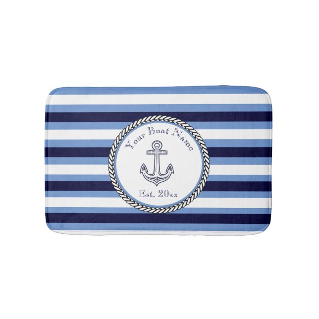 Nautical Anchor Navy Blue Wedgwood White striped  Bath Mat (Front)