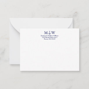 Nautical anchor navy blue white couple monogram card