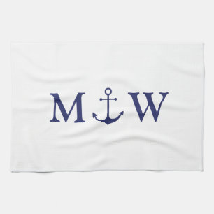 Nautical anchor navy blue white couple monogram tea towel