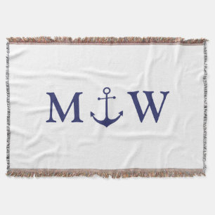 Nautical anchor navy blue white couple monogram throw blanket