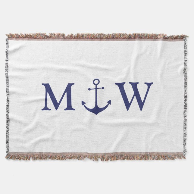 Nautical anchor navy blue white couple monogram throw blanket (Front)