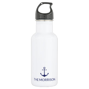 Nautical anchor navy blue white Custom Boat Name  532 Ml Water Bottle