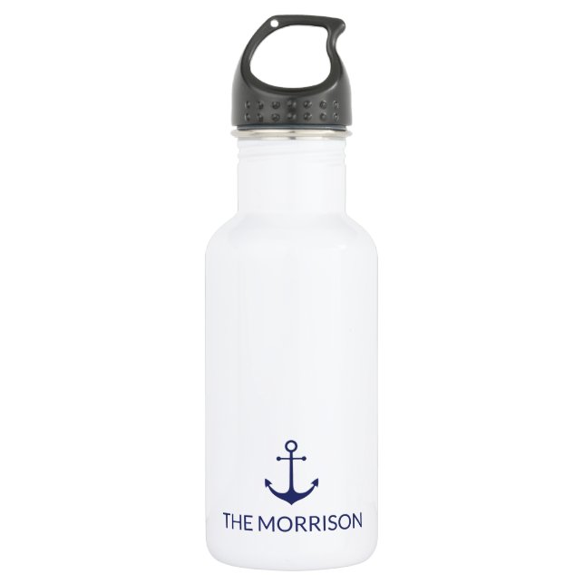 Nautical anchor navy blue white Custom Boat Name  532 Ml Water Bottle (Front)