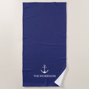 Nautical anchor navy blue white Custom Boat Name Beach Towel