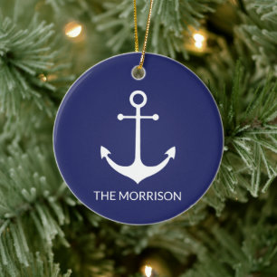 nautical anchor navy blue white Custom Boat name Ceramic Tree Decoration