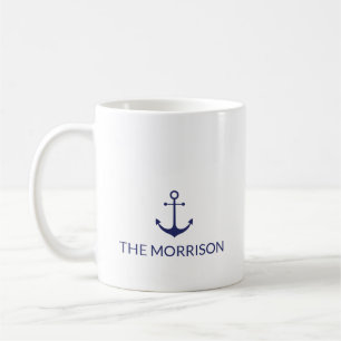 Nautical anchor navy blue white Custom Boat Name  Coffee Mug