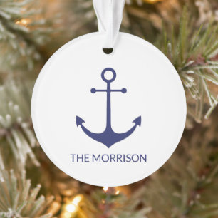 Nautical anchor navy blue white custom boat name  ornament