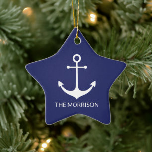 Nautical anchor navy blue white custom family name ceramic tree decoration