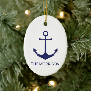 Nautical anchor navy blue white custom family name ceramic tree decoration