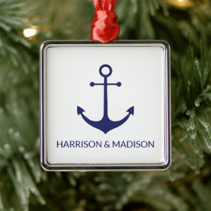 Nautical anchor navy blue white custom family name metal tree decoration