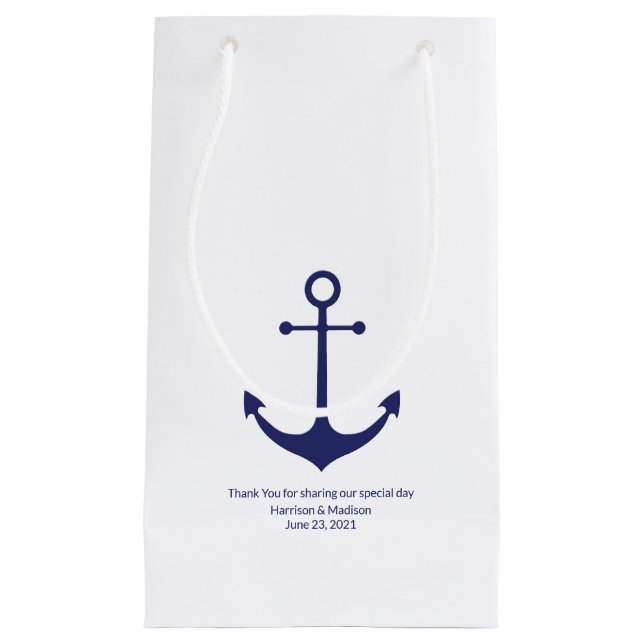 Nautical anchor navy blue white custom minimalist small gift bag (Front)