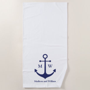 Nautical anchor navy blue white custom monogram beach towel