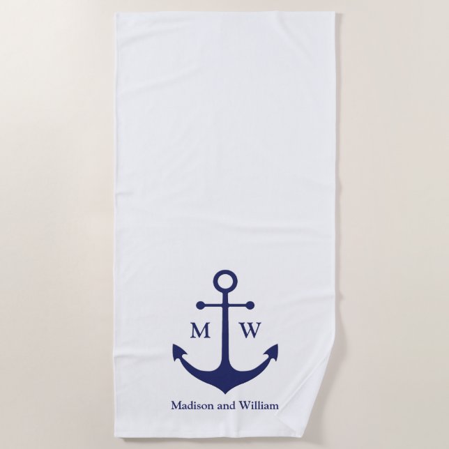 Nautical anchor navy blue white custom monogram beach towel (Front)