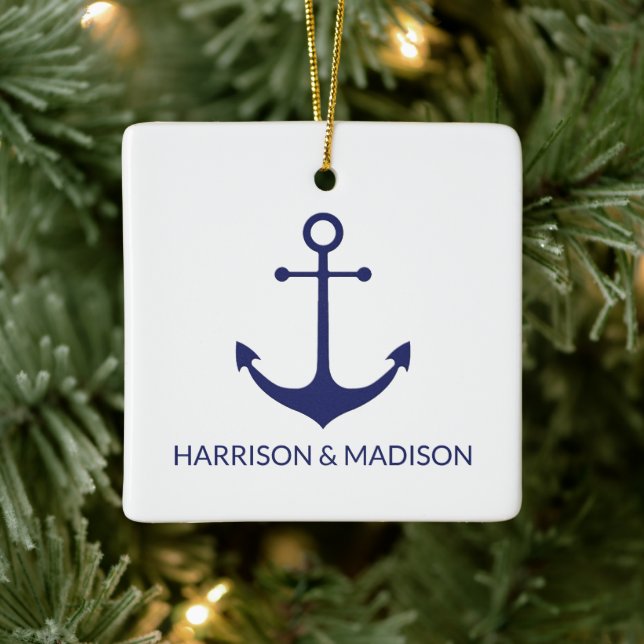 Nautical anchor navy blue white custom names ceramic ornament (Tree)