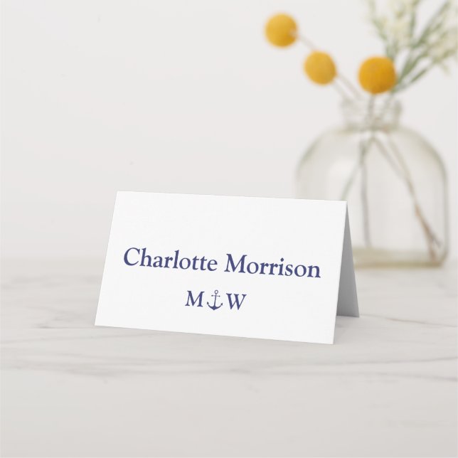 Nautical anchor navy blue white custom Wedding Place Card (Front)