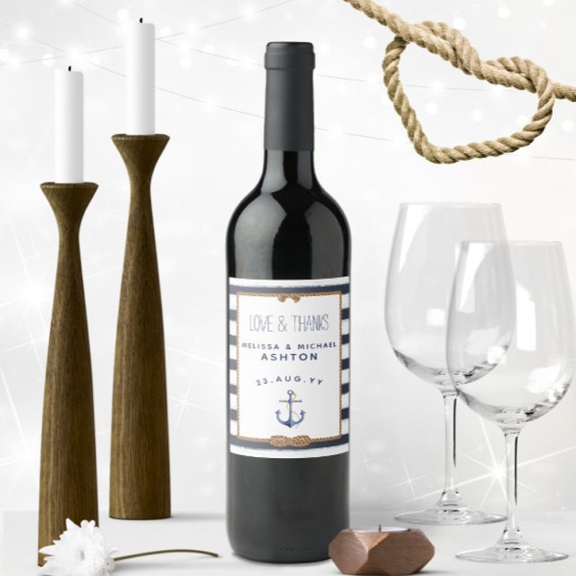 Nautical Anchor Navy Blue & White Event Wedding Wine Label (Nautical Love & Thanks Personalized Nautical Wedding Wine Labels with Navy Blue and White Stripes)